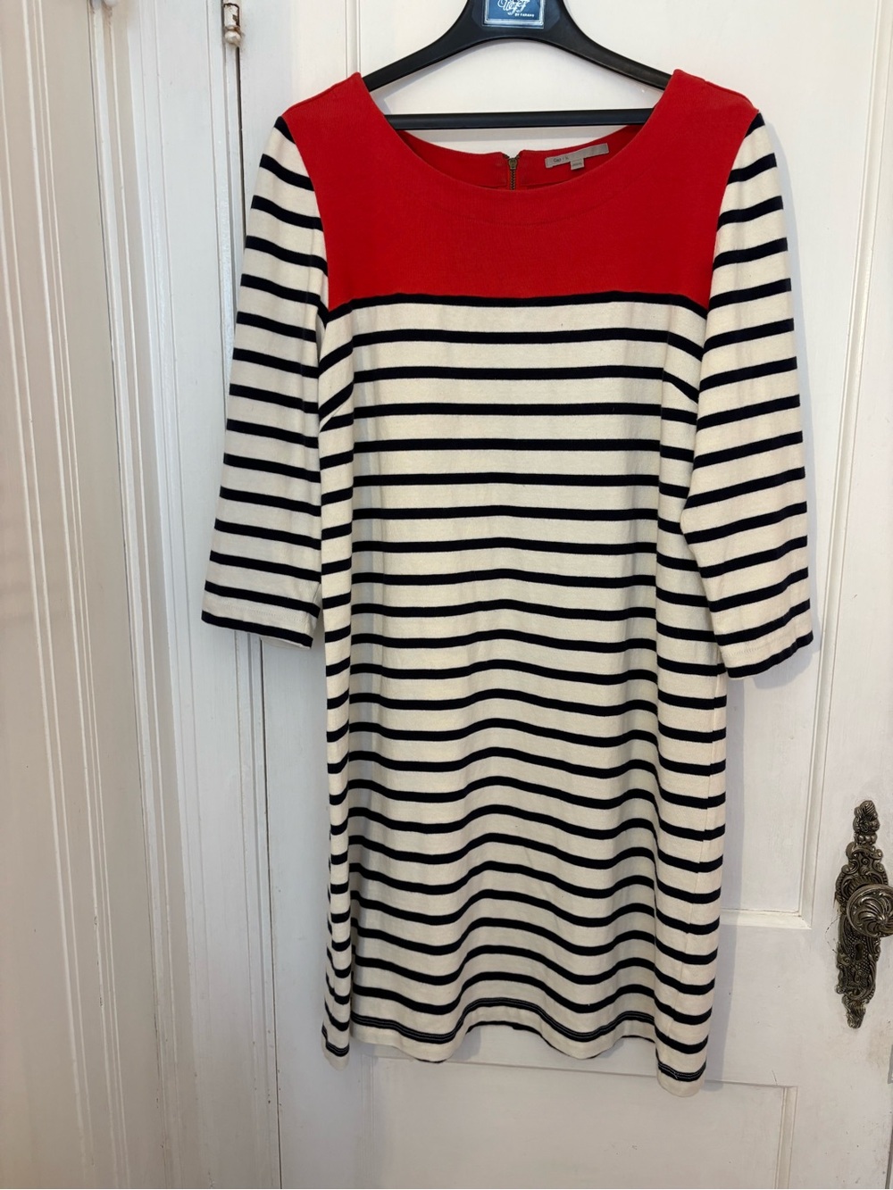 GAP Red Yoke Black and Cream Striped Midi Dress